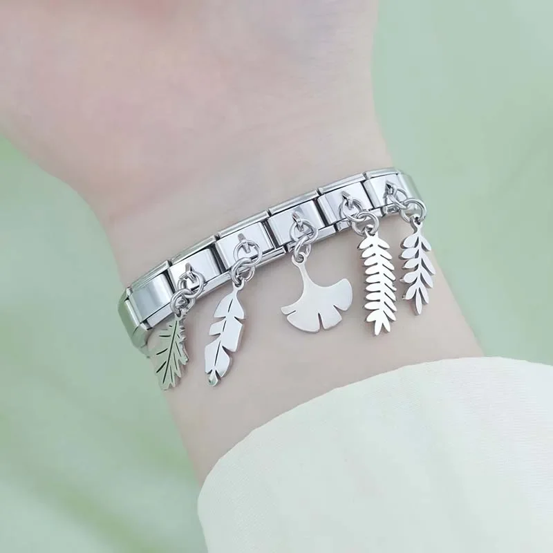 Hapiship 2024 Women New Fashion Minimalist Leaf Italian Charms Links Fit 9mm Stainless Steel Bracelet Making DIY Jewelry DJ1166