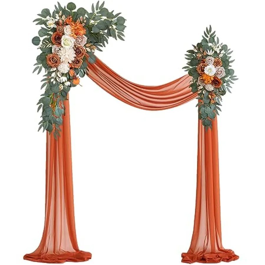 

Burnt Orange Artificial Wedding Arch Flowers Kit Pack of 3 with 26Ft Terracotta Shiny Arch Draping Fabric for DIY Wedding Party