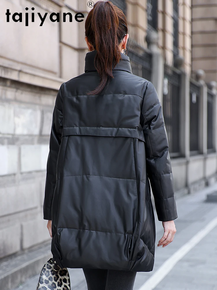 TAJIYANE 100% سترة منتفخة من جلد الغنم للنساء قسط الأبيض بطة أسفل معاطف سترات من الجلد الطبيعي 2025 ملابس امرأة الشتاء 신상 Notiitet