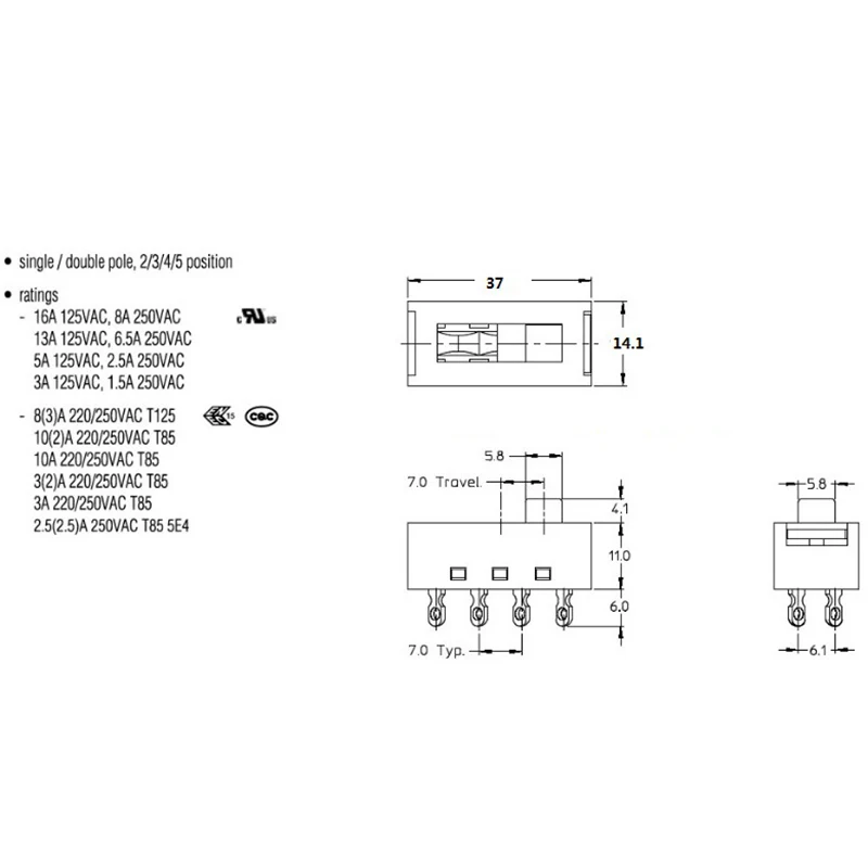 1PCS 4-Speed Toggle Switch four-Speed Switch Slide Switch Hair Dryer DSE-2410 16A High Current 10-Pin