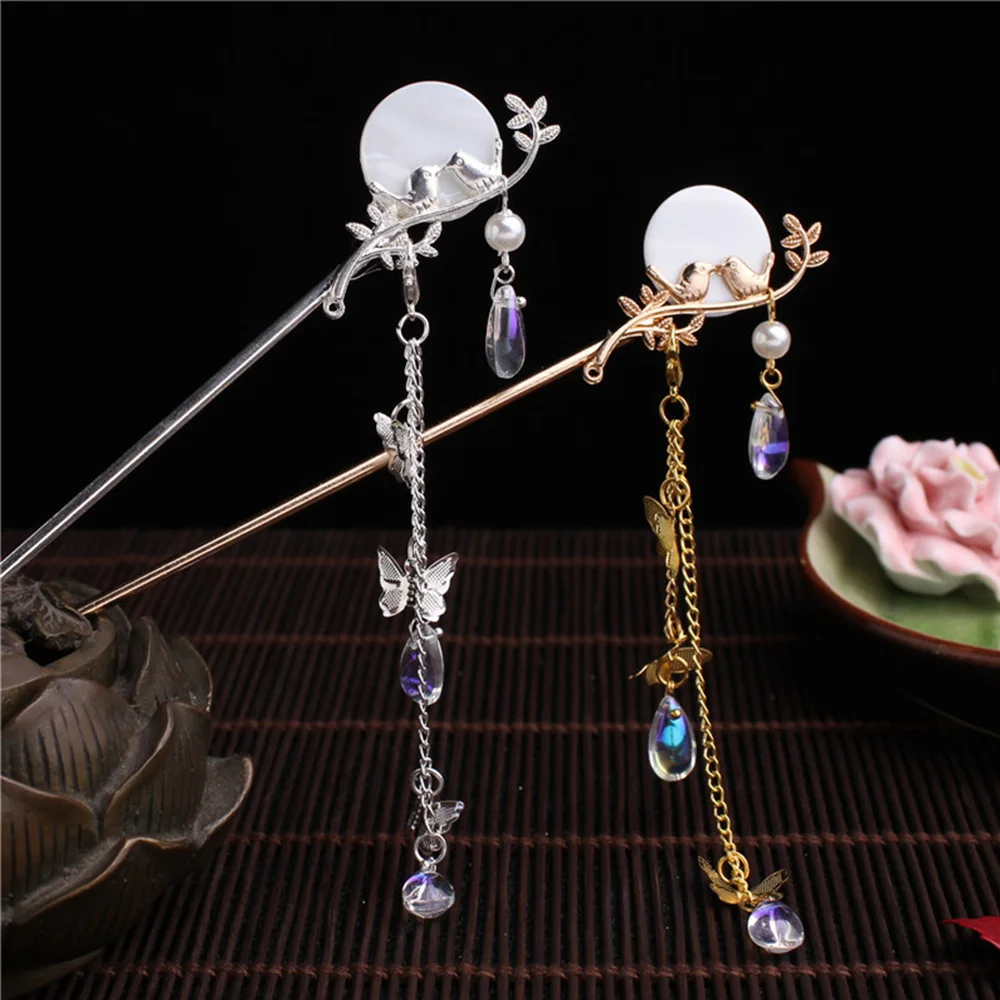 Bridal Headdress Chinese Butterfly Tassel Classic Pearl Hair Sticks Hair Accessories Plate Hair Fork Tassel Hairpin