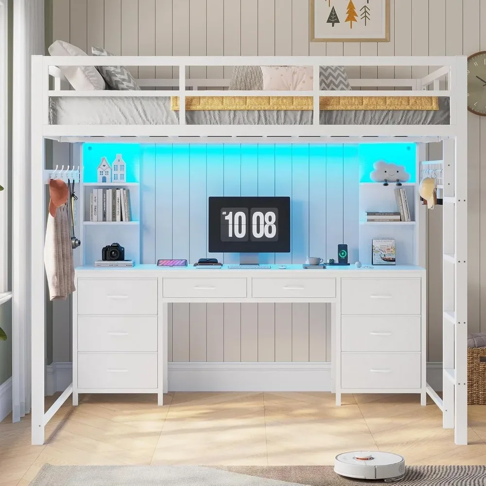 Full Size Loft Bed with Desk and 8 Storage Drawers, LED Lights & Charging Sation, 6 Storage Shelves, Heavy Duty LED Loft Beds image 6