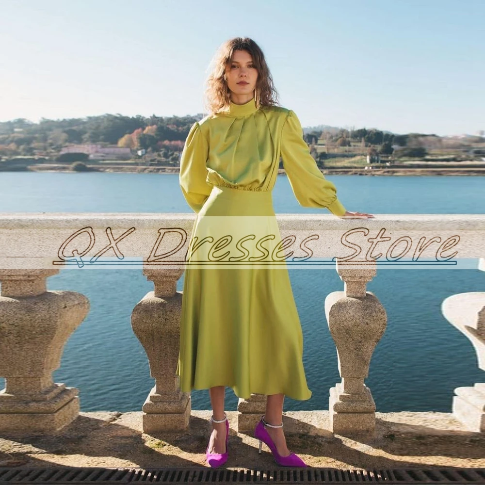 Customized Elegant Olive Green Cocktail Dress Latest Halter Neck Satin Pleat Long Sleeve Party Gown A-Line Knee Length Robe De S