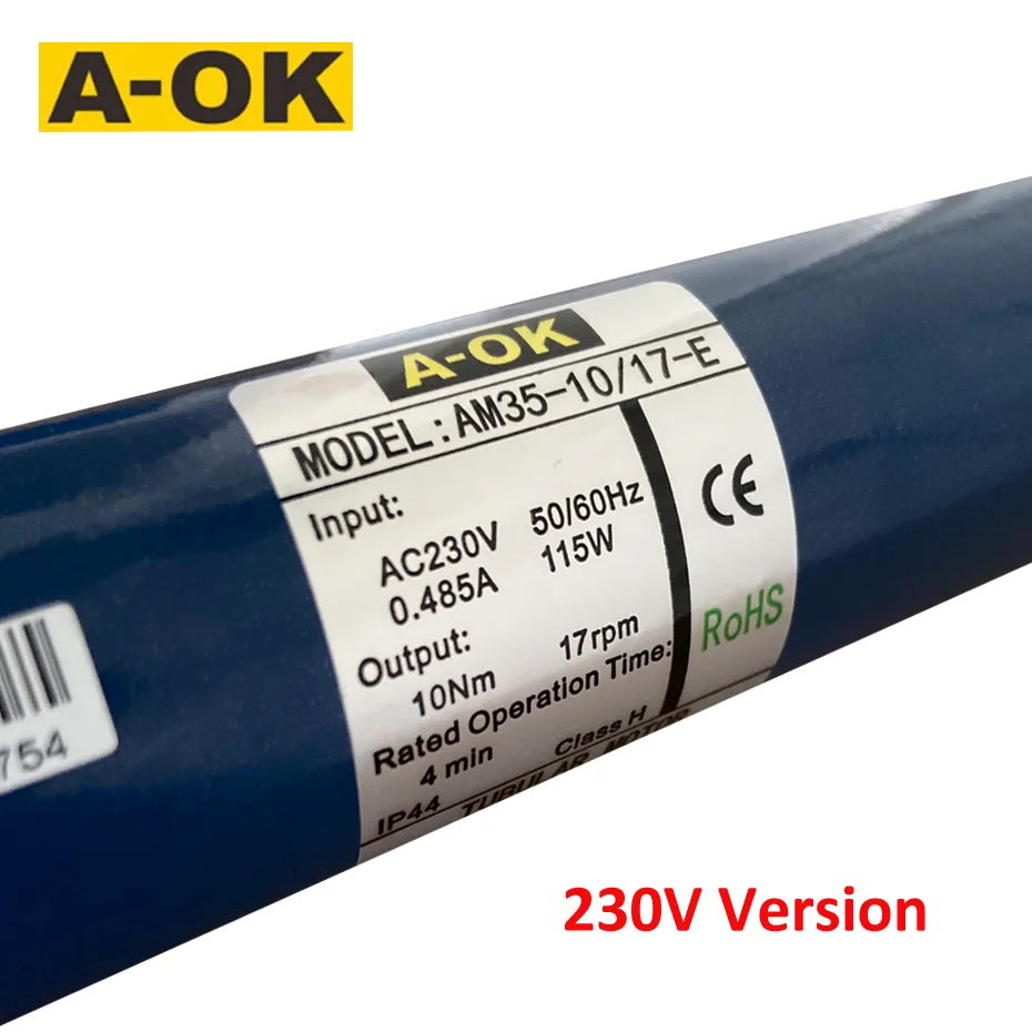 Motore tubolare con rotolamento A-OK AM35-10/17, 120 V/230 V, motore tubolare RF433, funziona per tubi da 40 mm/45 mm/47 mm/50 mm, per tende avvolgibili