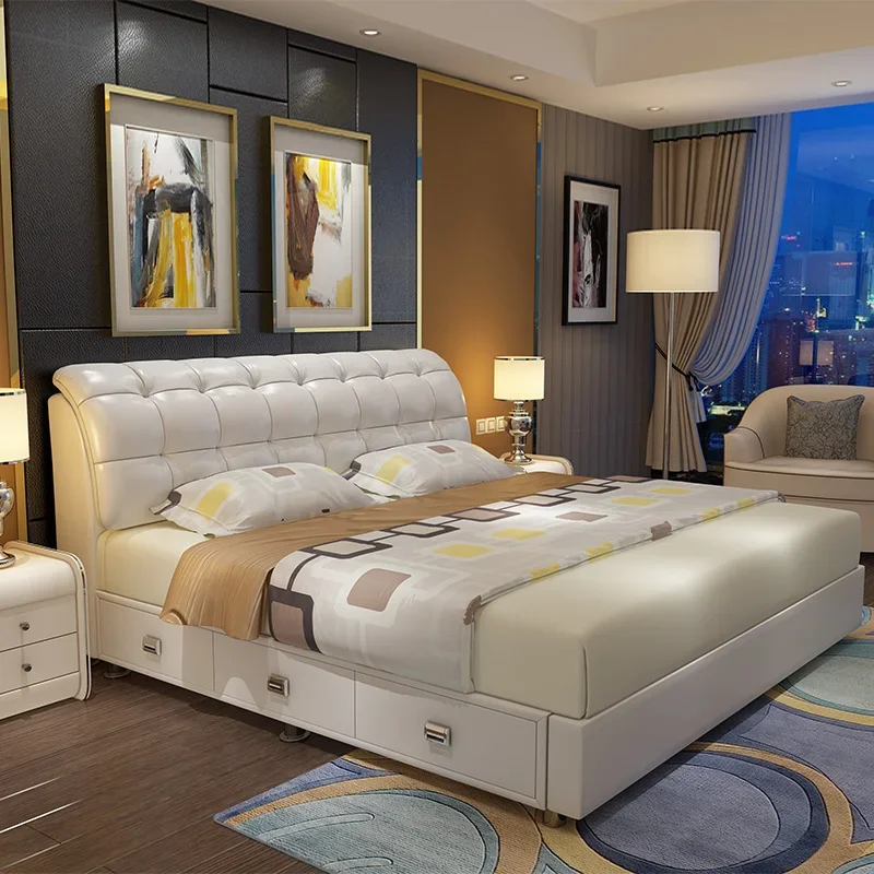 Premium light luxury modern simple leather bed double 1.8m king bed