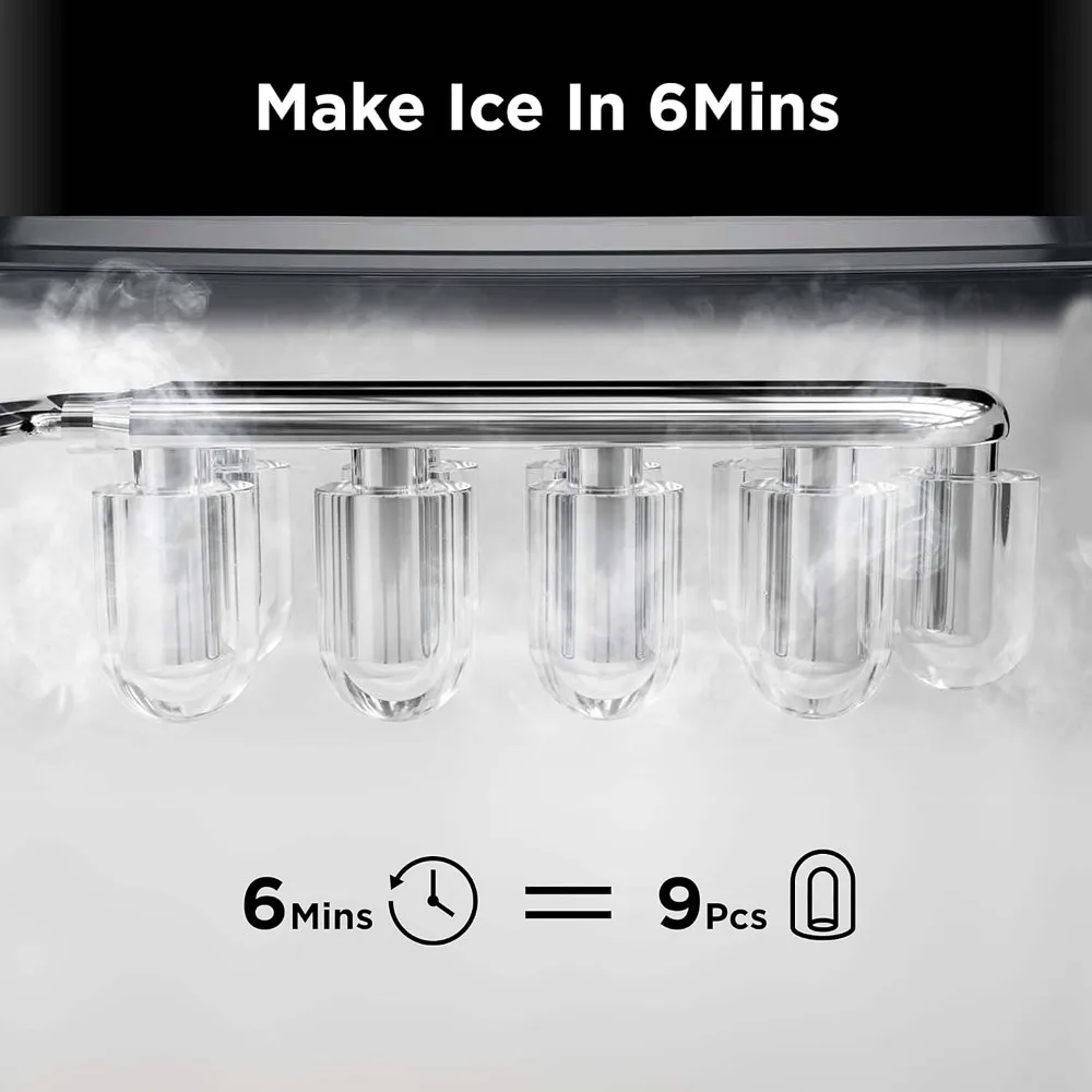 9 Cubes Ready in 6 Mins, 26lbs in 24Hrs, Self-Cleaning Ice Machine with Ice Scoop and Basket, 2 Sizes of Bullet Ice