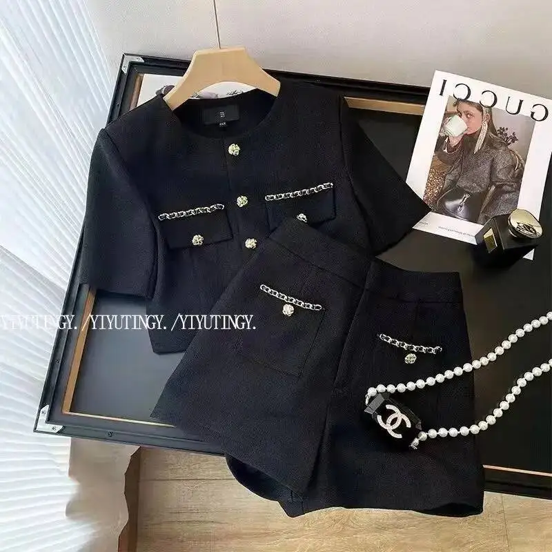 

Женский ароматный винтажный черный костюм 90-х годов, топ на пуговицах и брюки, комплект из двух предметов, женский летний одинаковый наряд, женская жаккардовая одежда