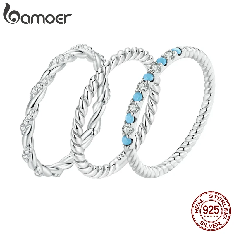 

Обручальное кольцо BAMOER из стерлингового серебра 925 пробы для женщин, синтетическая бирюзовая витая веревка, кольцо Half Eternity SCR1024