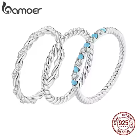 BAMOER 925 Sterling Silver Wedding Band for Women Synthetic Turquoise Twisted Rope Half Eternity Band Ring SCR1024