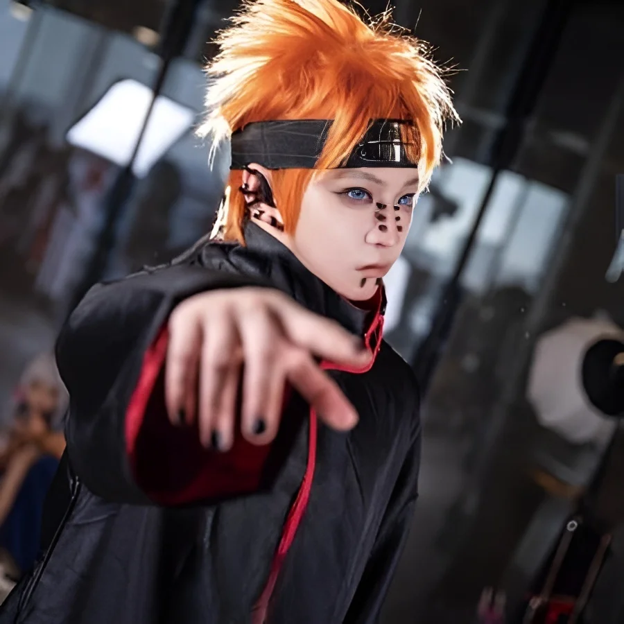 Akatsuki disfraz de Cosplay de seis caminos, tocado, peluca de pelo corto naranja