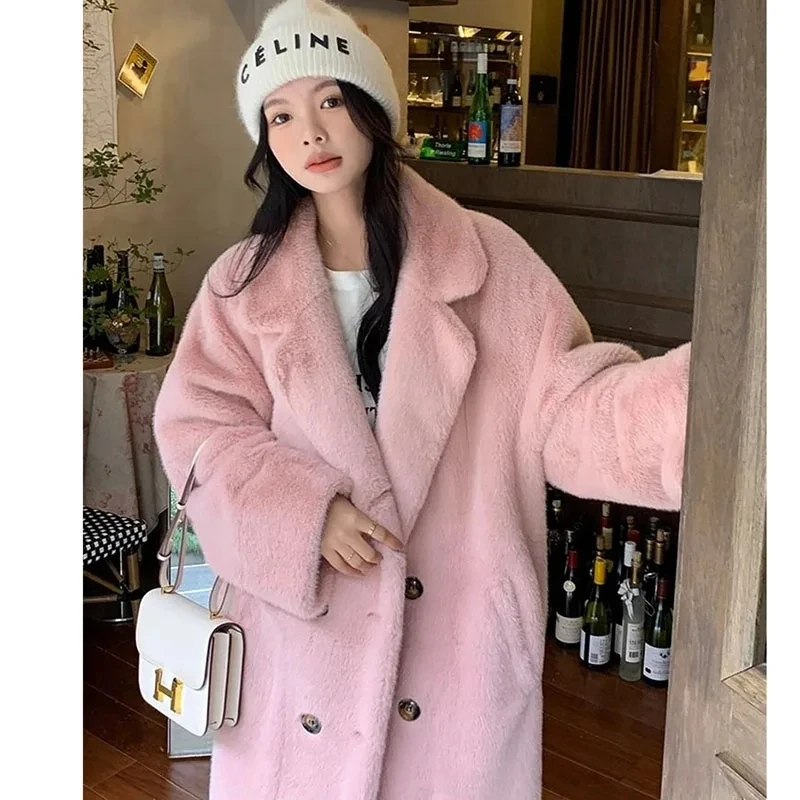 Beige Environmentally Friendly Fur Faux mink Fur Long loose And Thickened Pink Mink Fur Integrated Suit Collar Fur Coat For Wome