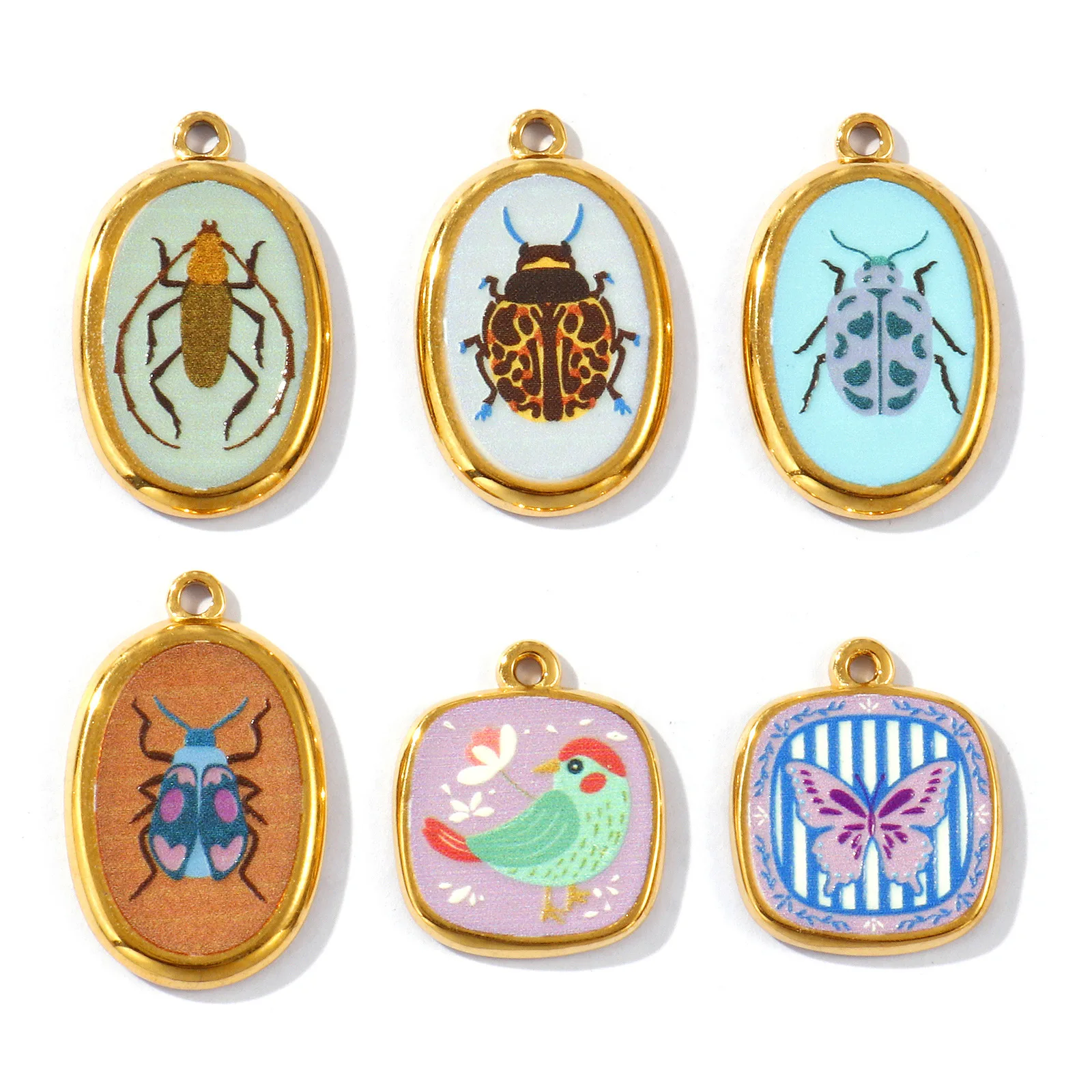 2 Pcs 304 Stainless Steel Insect Charms Oval Printed Ladybug Beetle Bird Butterfly 18K Gold Plated Pendants For DIY Necklace