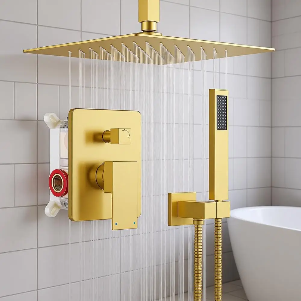 

All Metal 12 Inches Ceiling Shower Set with Rain Shower and Handheld Spray Combo, Brushed Gold