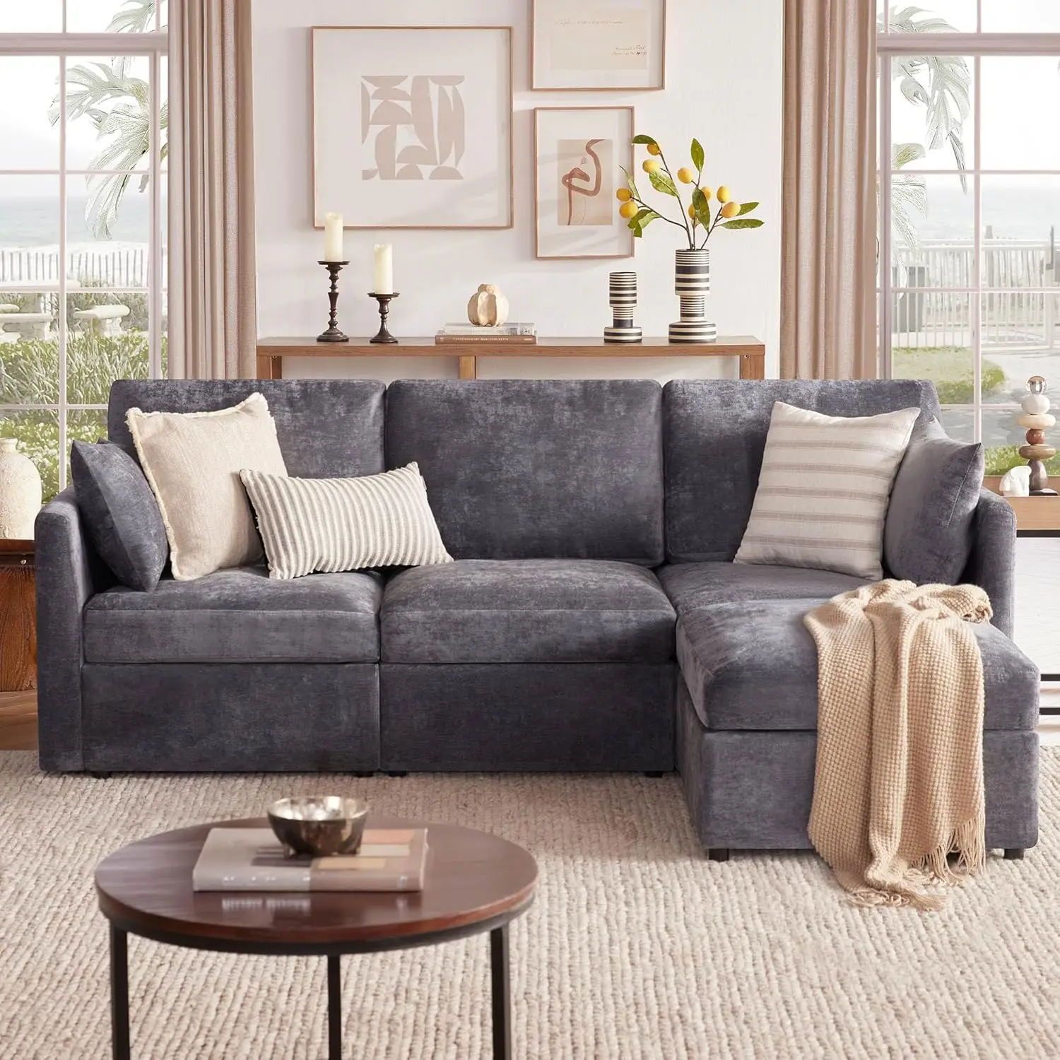 

Convertible L-Shaped Couch, Oversized Comfortable Sectional Sofa for Living Room, Cloud Couch with Soft Chenille Fabric-P (Grey)