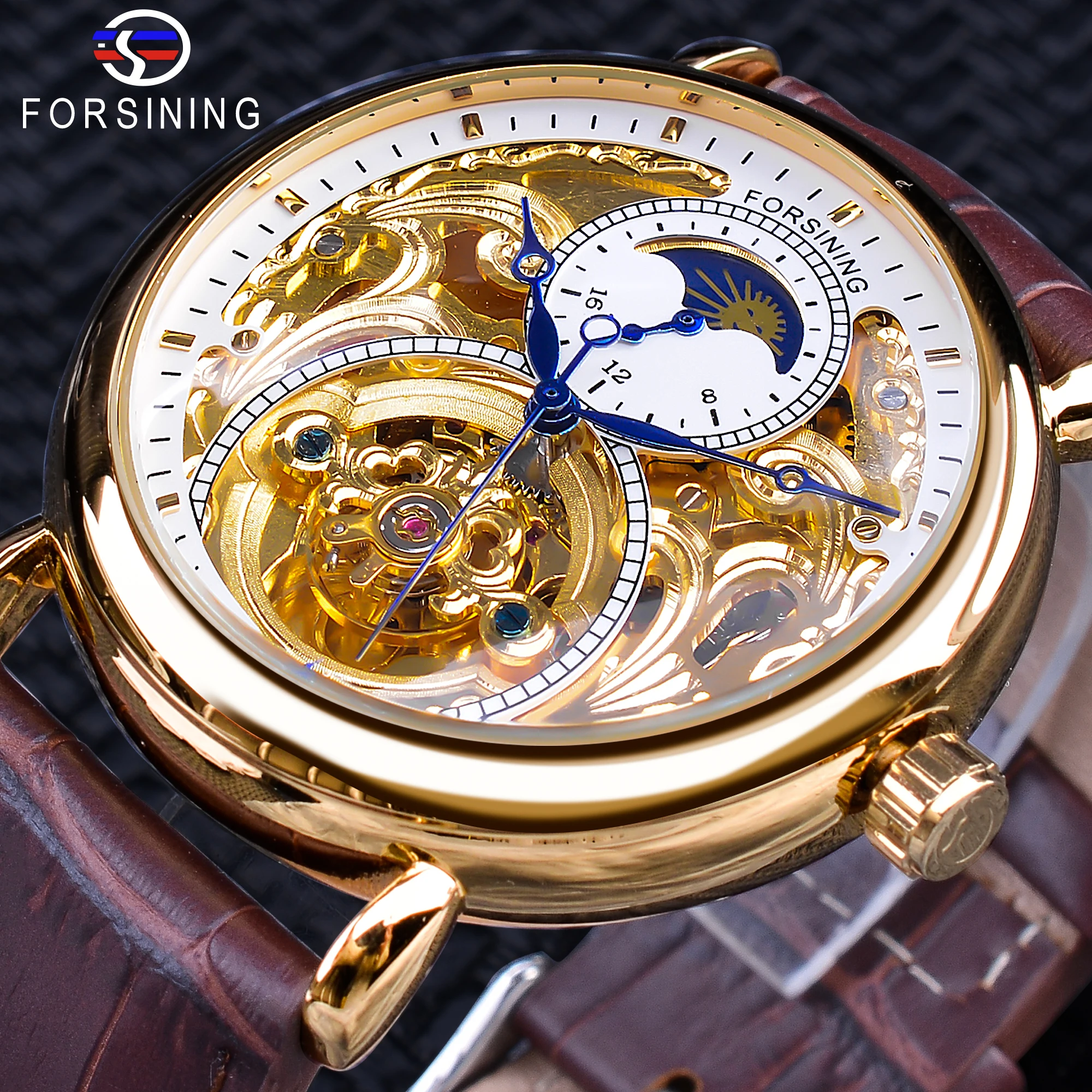 Fashion Forsining Top Brand Luxury Gold Brown Leather Moonphase Blue Hand Skeleton Waterproof Men Automatic Mechanical Watches