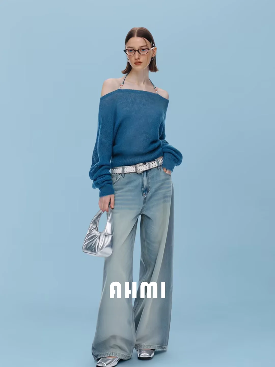 

Новый тонкий вязаный свитер AHMI Blue Design с открытыми плечами, бисерным декором и длинными рукавами, осенне-зимний, повседневный, свободного кроя, для девочек