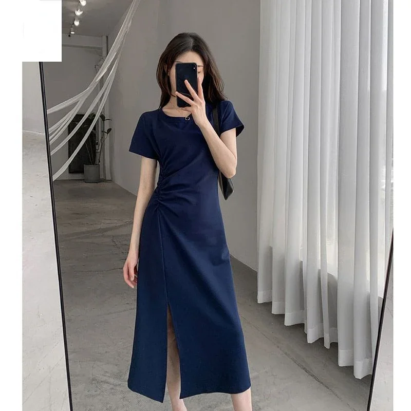 

French O-neck Ruffles Design Sense Dress Women's Clothing Party Dresses Summer New Slim Split Short Sleeve Dresses High Quality