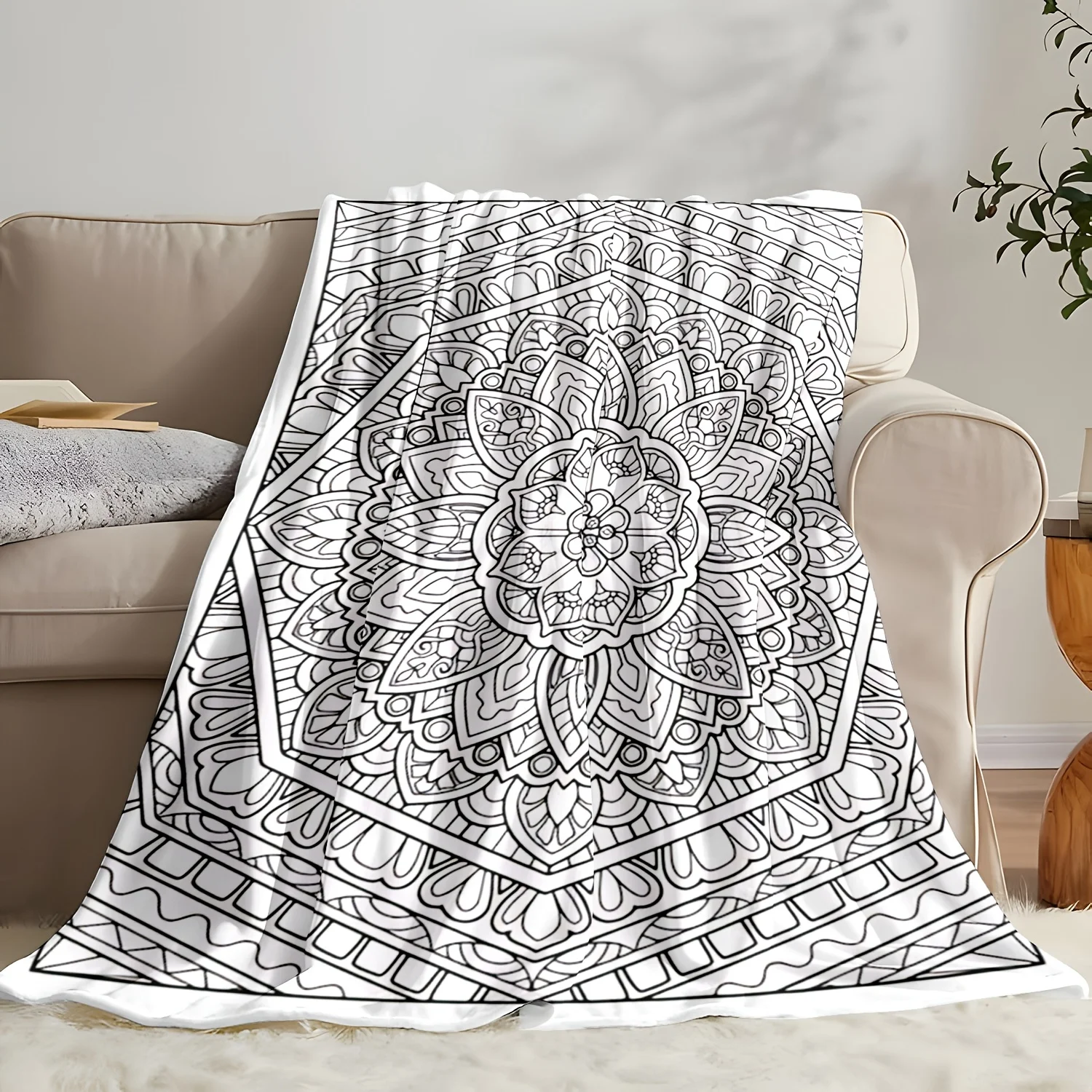 Adult Mandala Coloring Flannel Blanket - Full-Page Coloring Pages, Soft Cozy Bedspread/Throw for Bed, Sofa, Travel Office