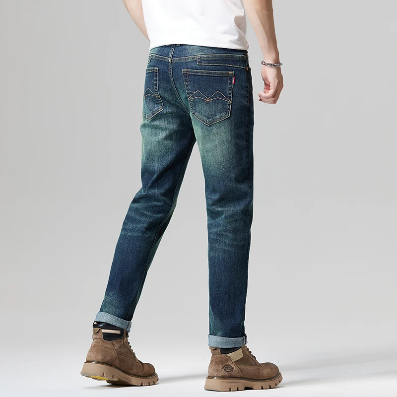 New high-quality washed elastic casual straight leg black blue business retro men's jeans nostalgic pants streetwear men