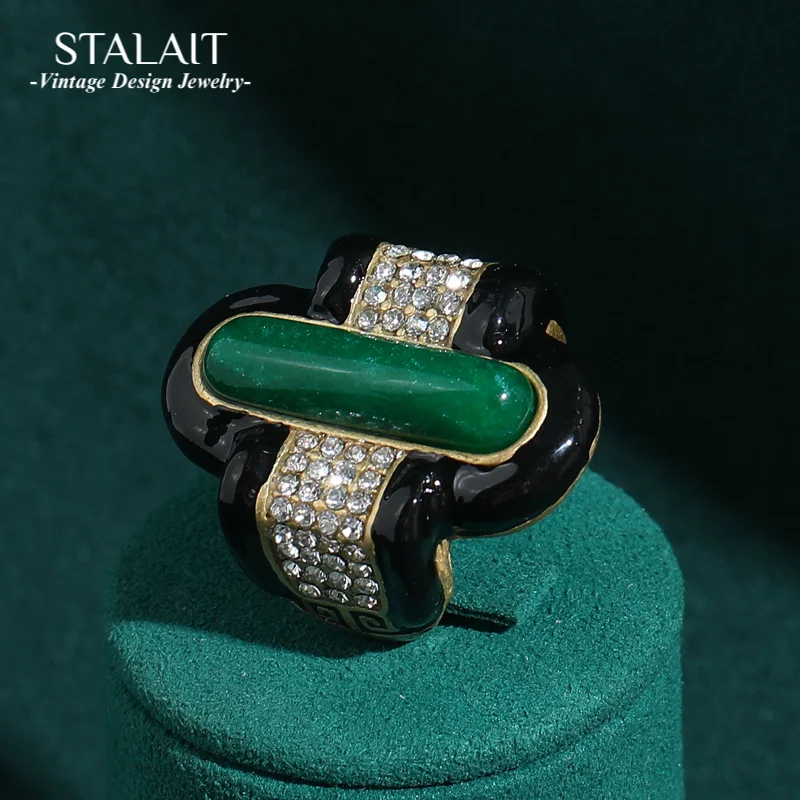 

Vintage Black enamel green Ring natural stone For Women Large Rhinestone 18k Gold Color Party Birthday Gift Accessories 2025 New