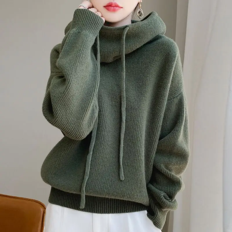 Duplex Collar Lazy Style Sweater for Women in Winter New Solid Color Loose Thicken Knitted Sweater Top Trendy