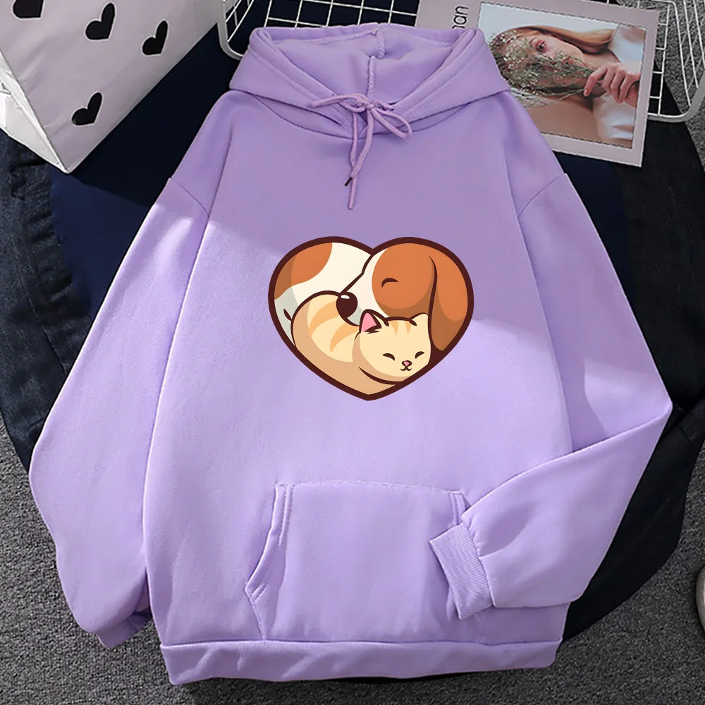 Dachshund Dog and Cat Form Heart Graphic Hoodies Autumn Winter Fleece Sweatshirts Male/female Hooded Pullovers Loose Casual Tops