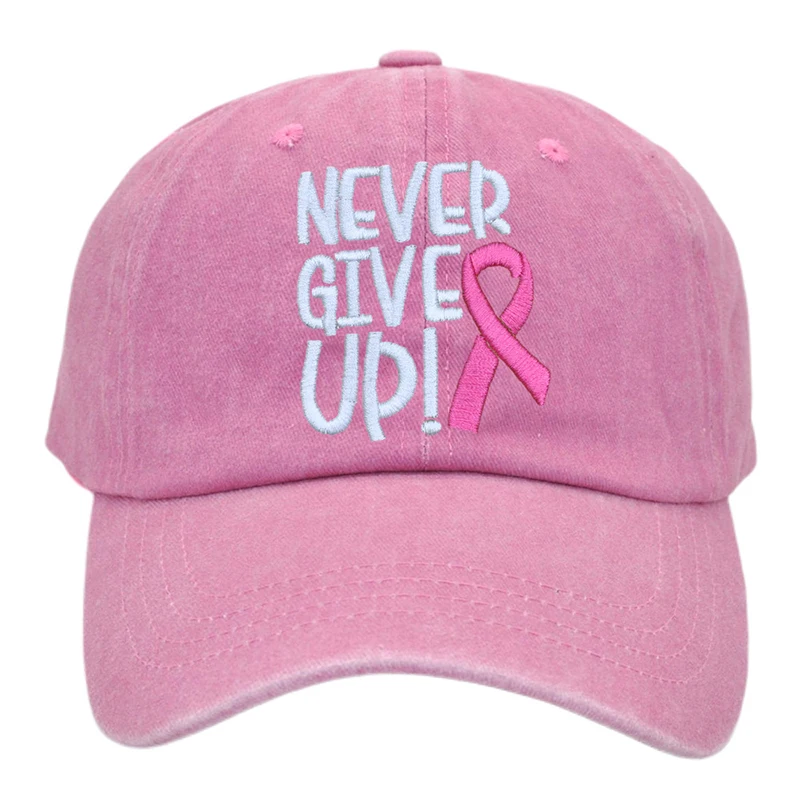 NEVER GIVE UP Gorra de béisbol de algodón lavada vintage ajustable Never Give Up Sombrero de cinta rosa para la concientización sobre el cáncer de mama Sombrero de papá unisex