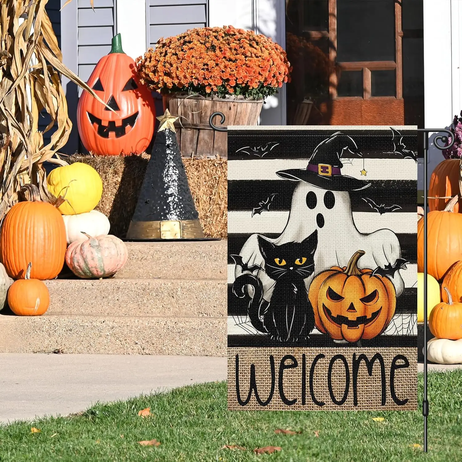 Louise Maelys Halloween Garden Flag Black Cat Ghost Witch Hat Pumpkin Welcome 12x18 Inch Double Sided Boo Holiday Seasonal F yyi