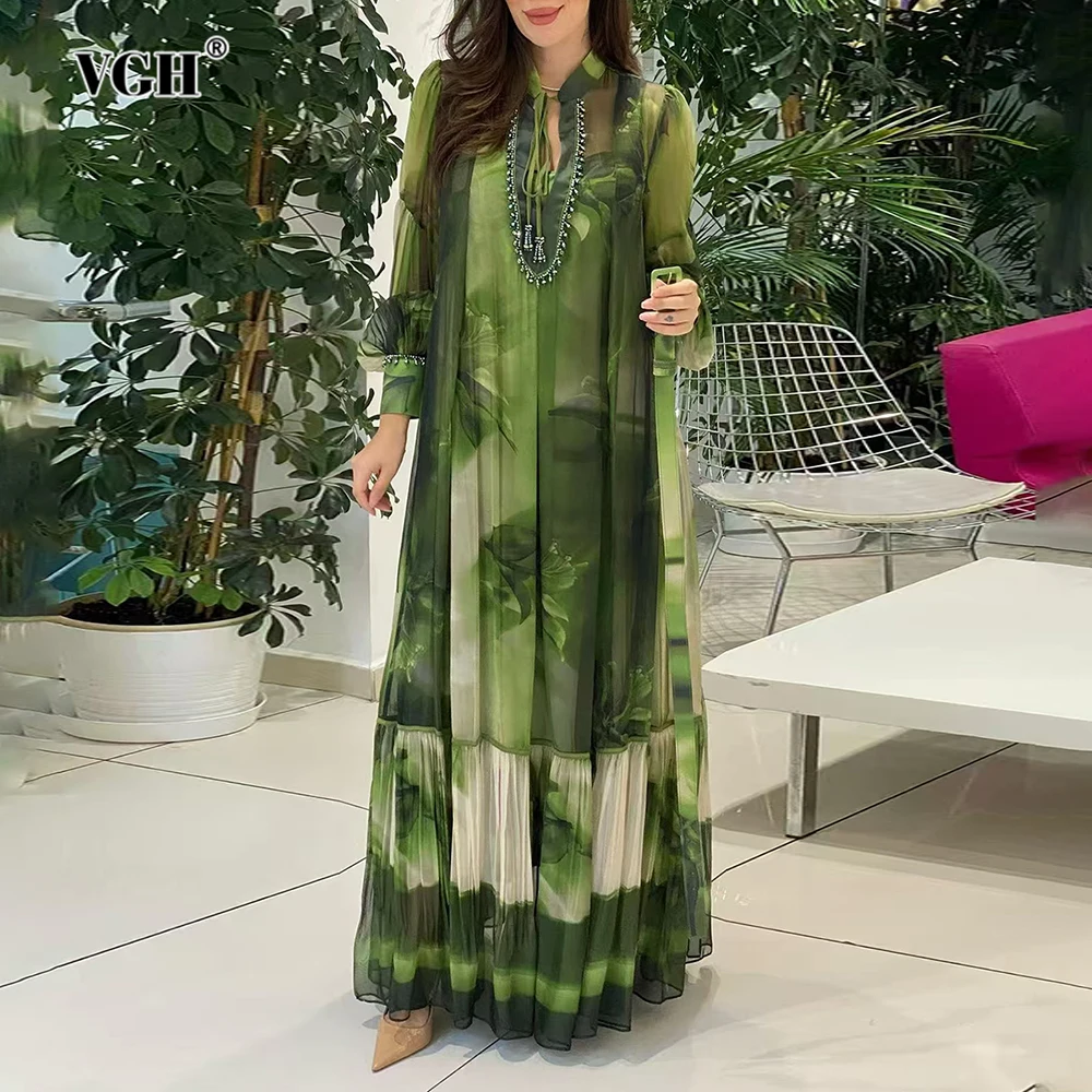 

VGH сексуальное шифоновое платье с принтом для женщин, V-образный вырез, длинные рукава, лоскутное платье с высокой талией и бисером, со шнуровкой, женское новое