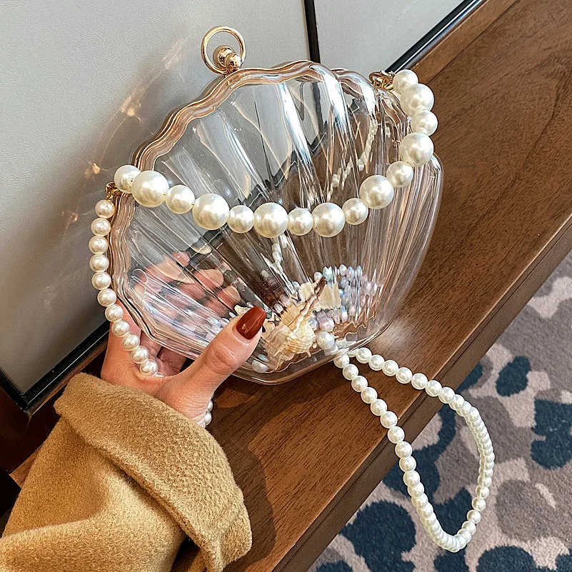 Torebki wieczorowe dla kobiet 2023 New Transparent Shell Bag Clutch Box Handbags Pearl Chain Crossbody Bag Acrylic Purse Shoulder Bag