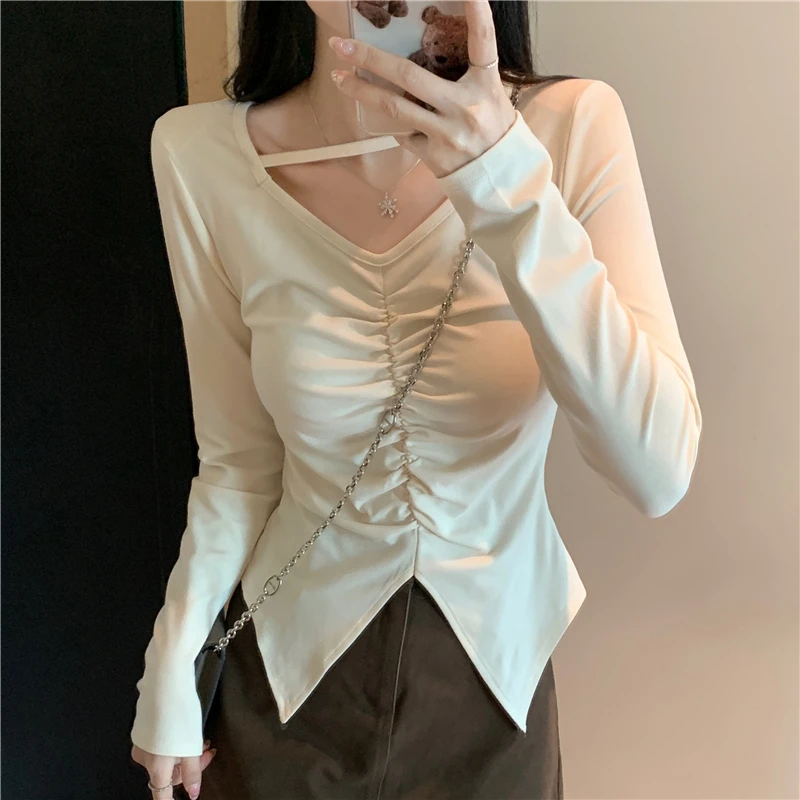 

Vintage Front Split Irregular Women's Knitted T-shirts 2025 New Solid Long Sleeve V-neck Casual Shirts Knitted Short Tops Female