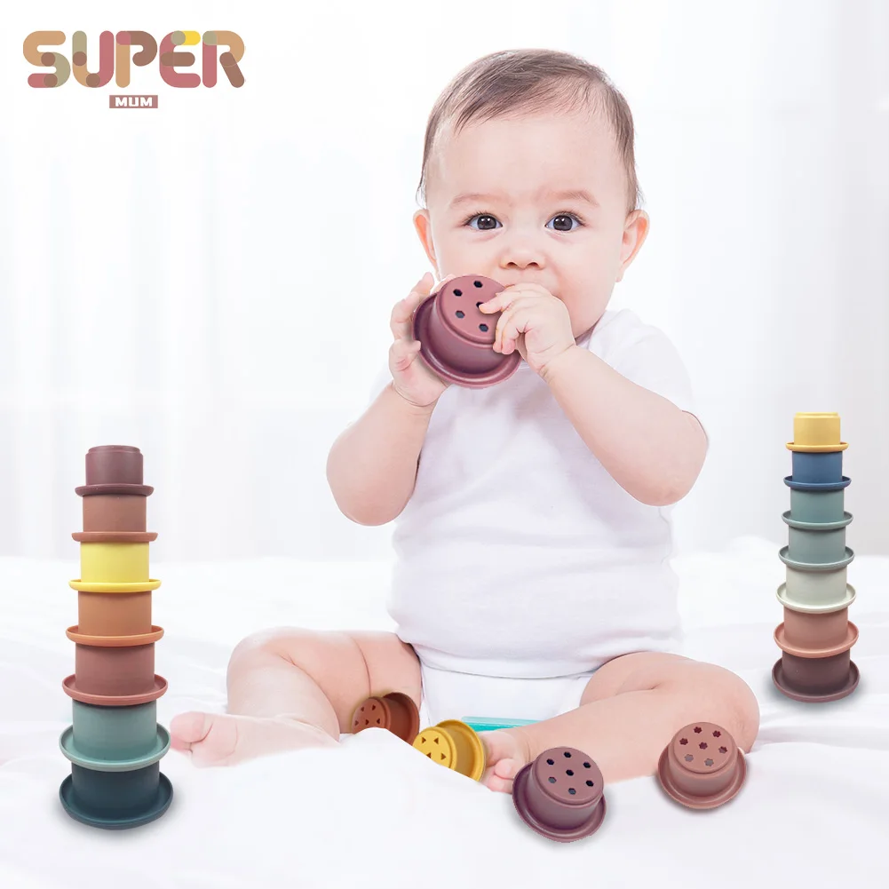 7Pcs ของเล่นเด็กซ้อนถ้วย Building Block ตลกซิลิโคน Teether การศึกษา Early Intelligence Montessori ของขวัญเด็ก0 12เดือน