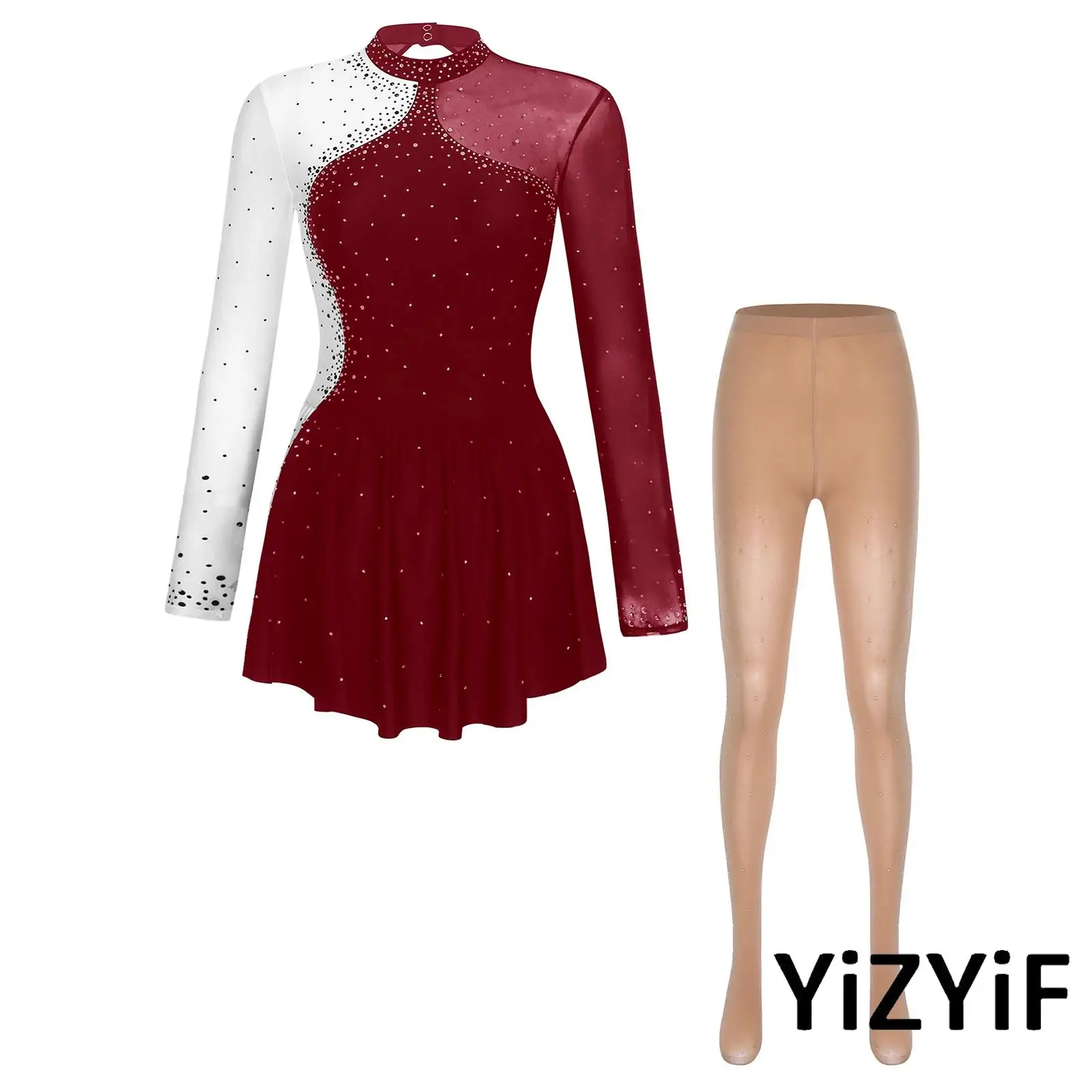 Womens Rhinestone Figure Skating Dance Dress And Boot Cover Tights Set Lyrical Modern Contemporary Dancewear Ballerina Costume