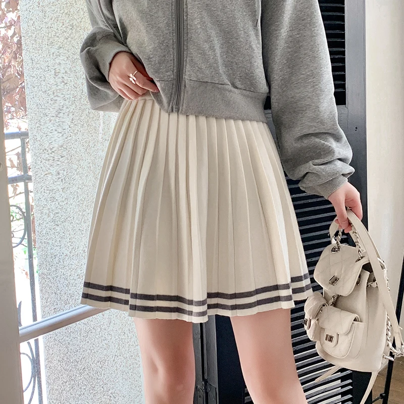 

Autumn Winter Knitted Pleated Skirt Women Casual High Waist Patchwork Female Students Striped Short Mini Skirt