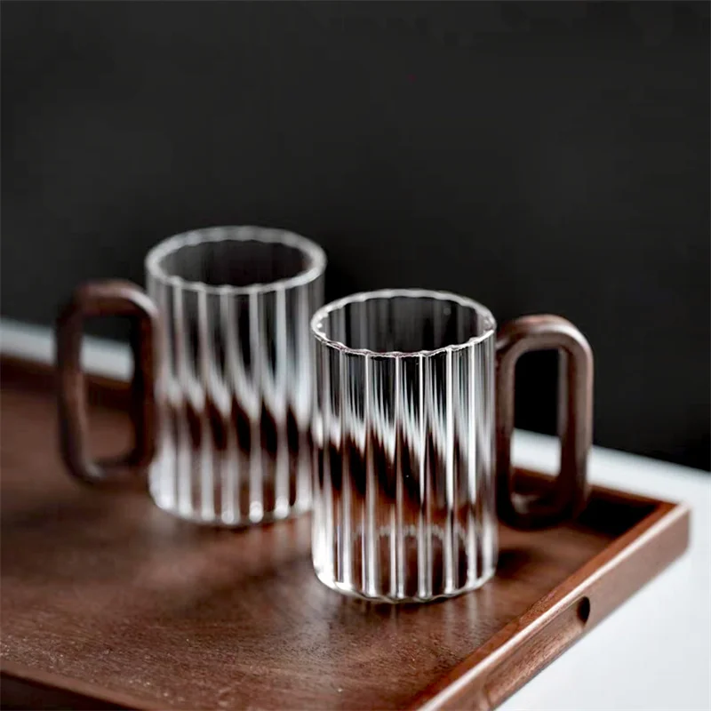 350ml Vertical Stripe High Borosilicate Glass Coffee Mug With Walnut Wooden Handle Heat-Resistant Tea Mug Milk Coffee Cup