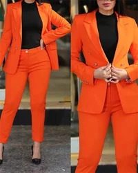 Blazers croisés d'affaires pour femmes, ensemble 2 pièces orange, veste et pantalon élégants, ensembles formels pour dames, décontracté, nouveau, 2023