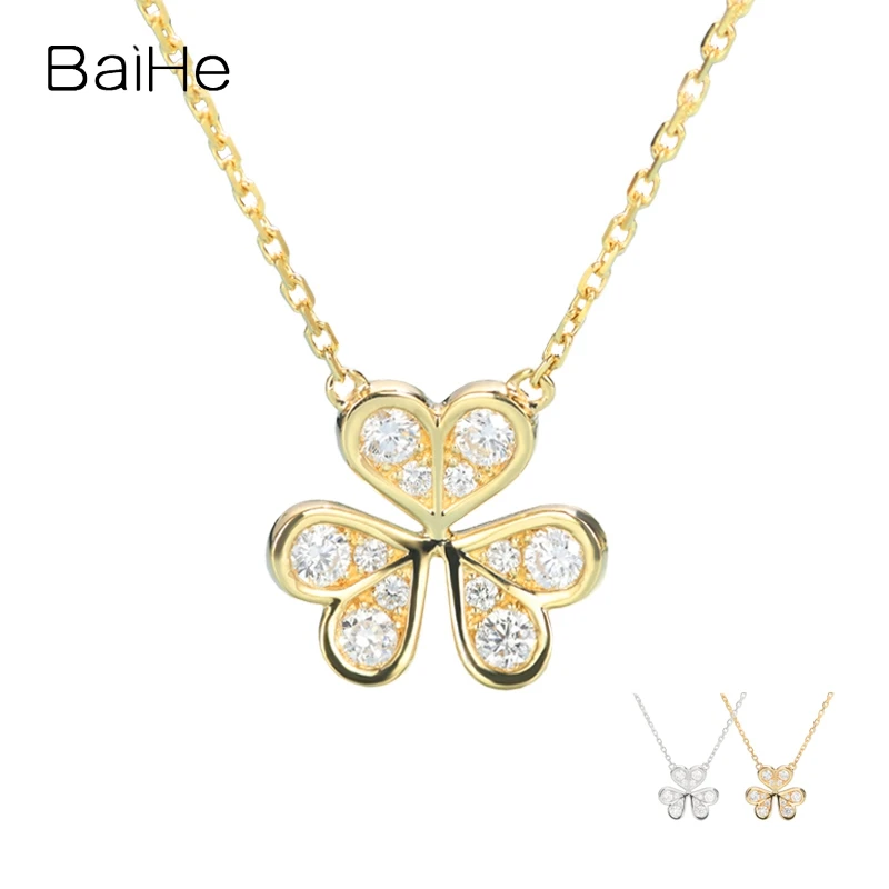 BAIHE Solid 18K Yellow/Rose/White Gold 0.24ct H/SI Natural Diamond Clover Necklace Women Engagement Fine Jewelry chains 목걸이