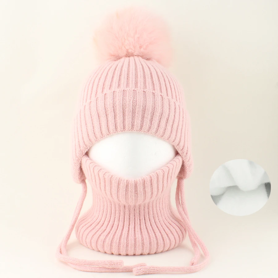Winter-Wollmütze mit Nackenschutz 2-teiliges Set Echte Fuchsfell-Mütze für Kinder Jungen Mädchen Dicke Fleece Warme Gestrickte Gestreifte Ohrenklappe Baby Skullies Mütze – Detail 13