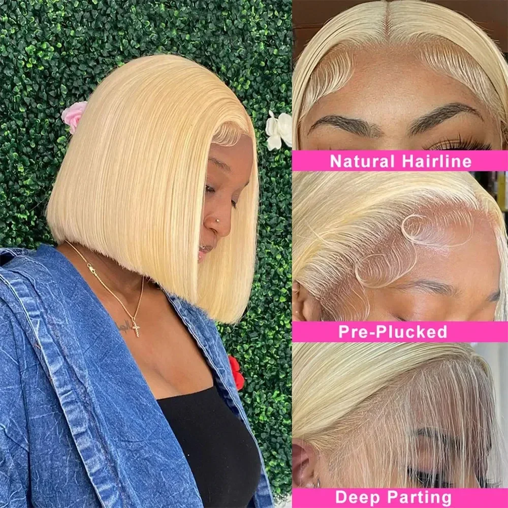 Perruque Bob courte droite blonde pour femme, Full Frmetals, HD Transparent Lace, perruques de cheveux humains, pré-plumée, 13x4, 13x6, 613