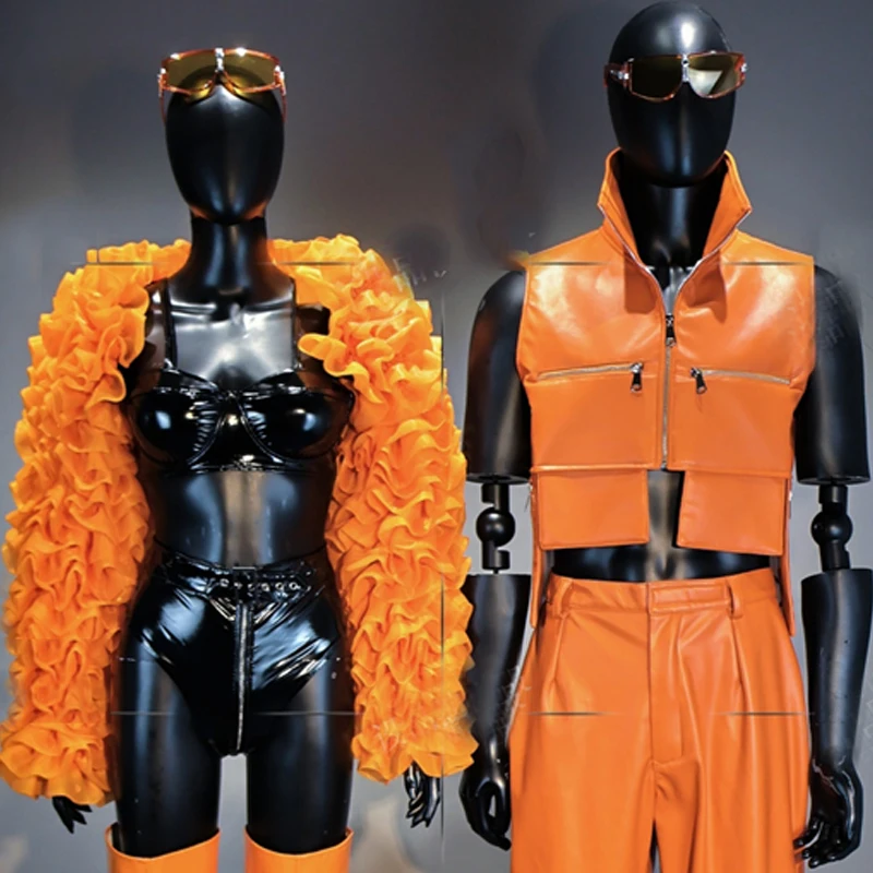 펑크 스타일 오렌지 고고 댄스 의상 남성 여성 재즈 댄스 의류 바 나이트 클럽 Dj Ds 무대 레이브 복장 성능 착용 XS9720