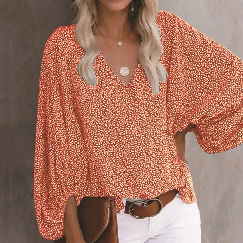 2024 Printed Lantern Long Sleeve Tops Casual Beach Floral Blouse Elegant Leopard Blouse Spring V-neck Pleasure Shirt Blusas H208