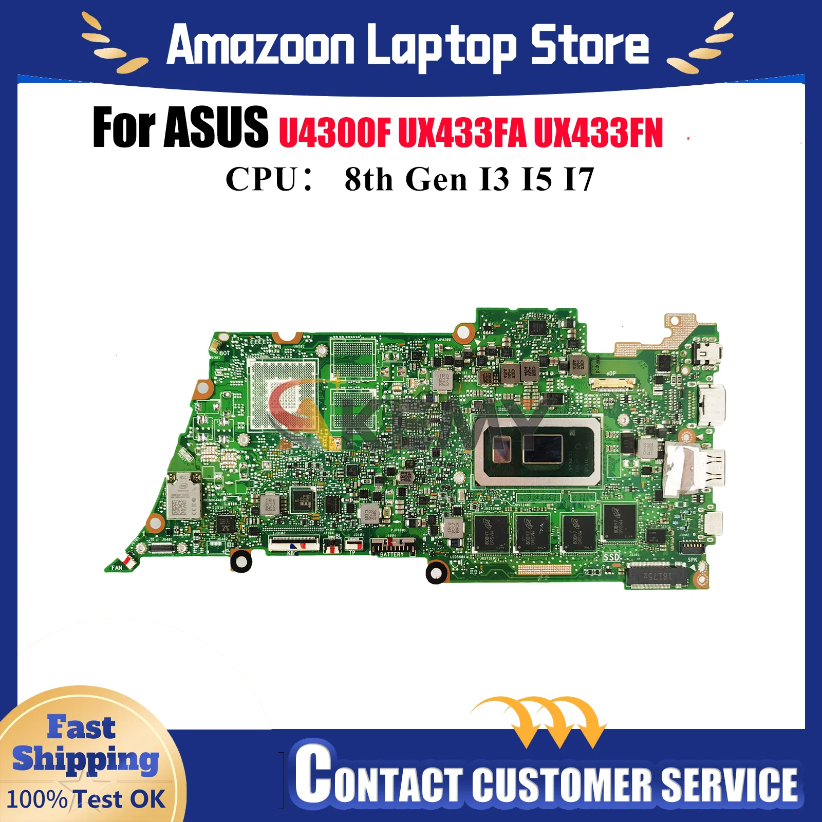 

UX433FA Laptop Motherboard For ASUS ZenBook UX433FN U4300F UX433FA UX433F Notebook Mainboard With I3 I5 I7 CPU 100% tests OK stk