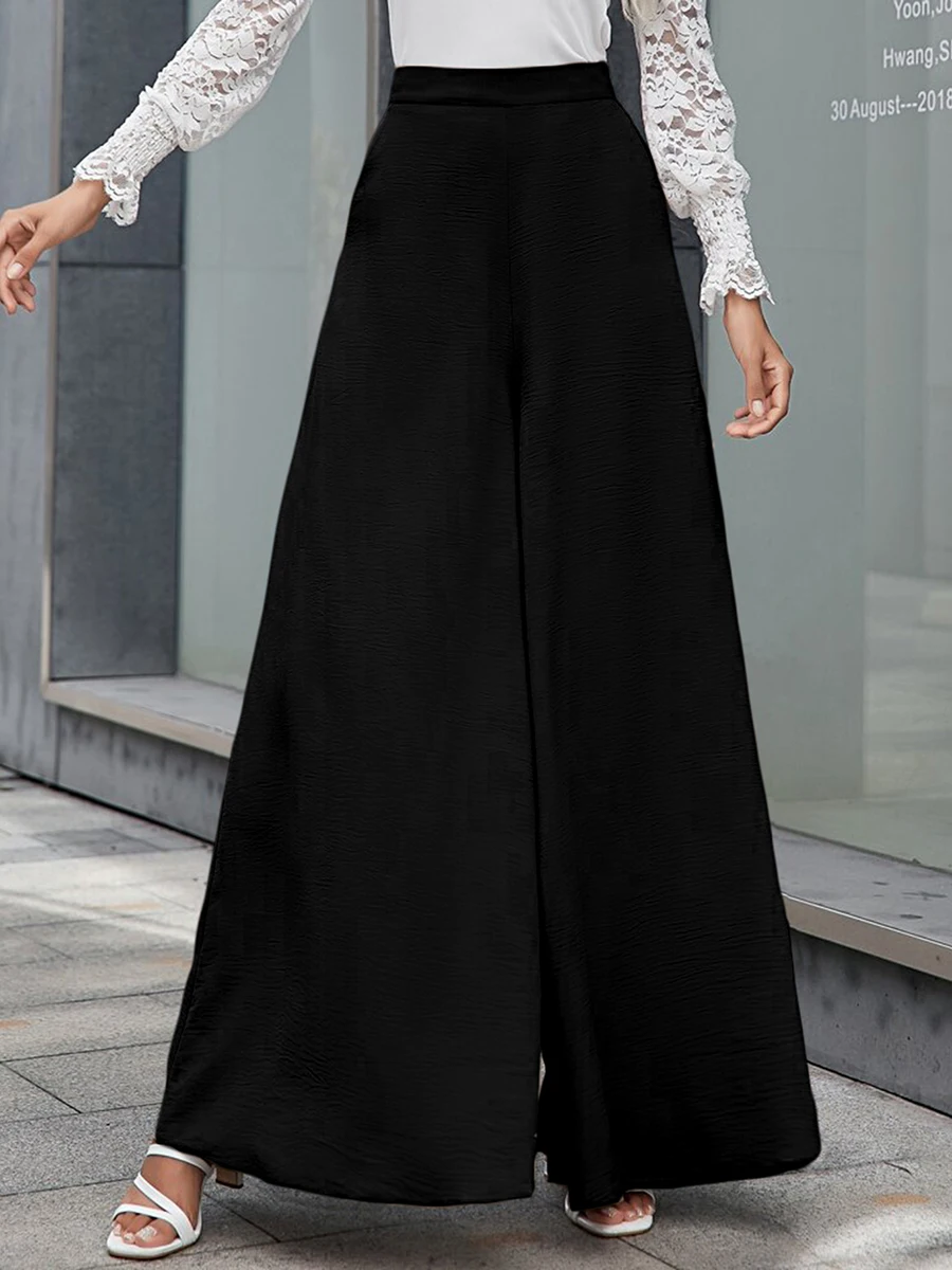 New Black High Waist Wide Leg Pants Women Textured Crepe Palazzo Trousers Female Back Zipper Loose Elegant Office Lady Bottoms