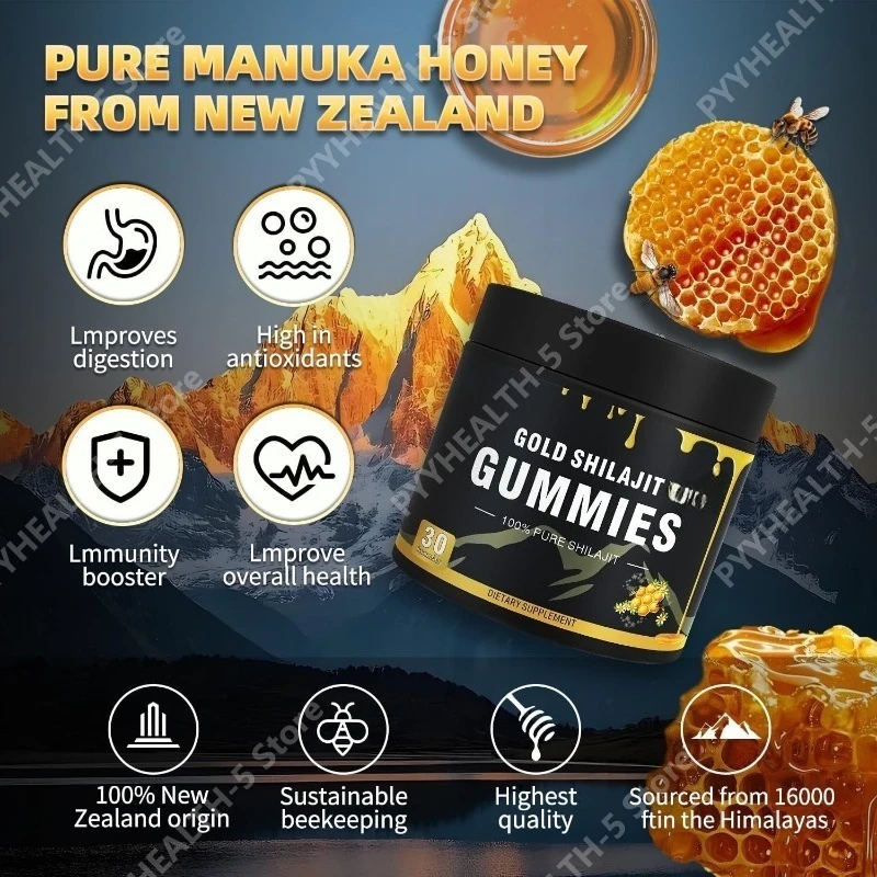 Gold Shilajit Gummies with Manuka Honey MGO 263 Himalayan Shilajit Vegan Non GMO Gluten Free Energy Vitality Supplement 30 Count