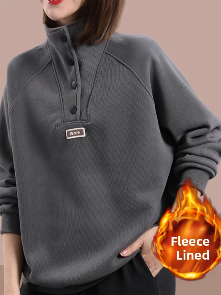 

Серый свитшот с высоким воротником, женский, модный, утепленный, повседневный, укороченный топ, трендовый, зимний, новый стиль, корейская версия, свободный крой, длинный...