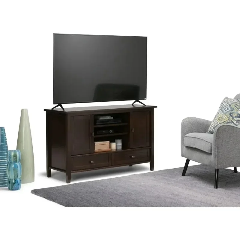 SIMPLIHOME Warm Shaker SOLID WOOD Wide Transitional TV Media Stand in Tobacco Brown For the Living Room Entertainment