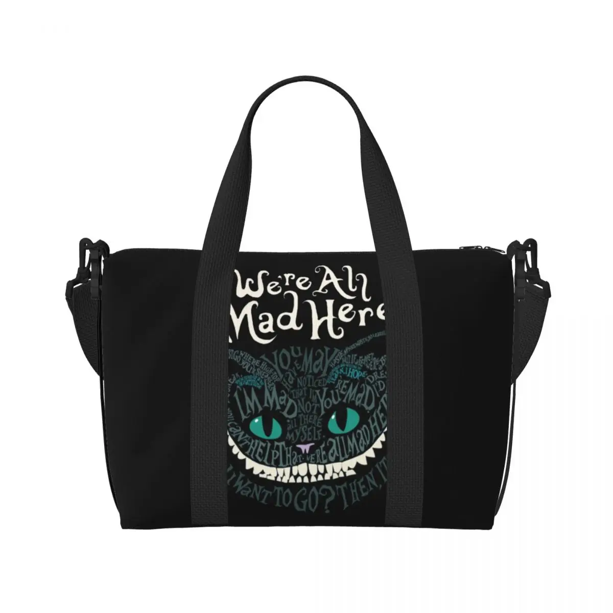 Custom Cheshire Cat Groceries Shopping Tote Bags Women Large Capacity Alice We\'re All Mad Here Wonderland Beach Gym Travel Bags