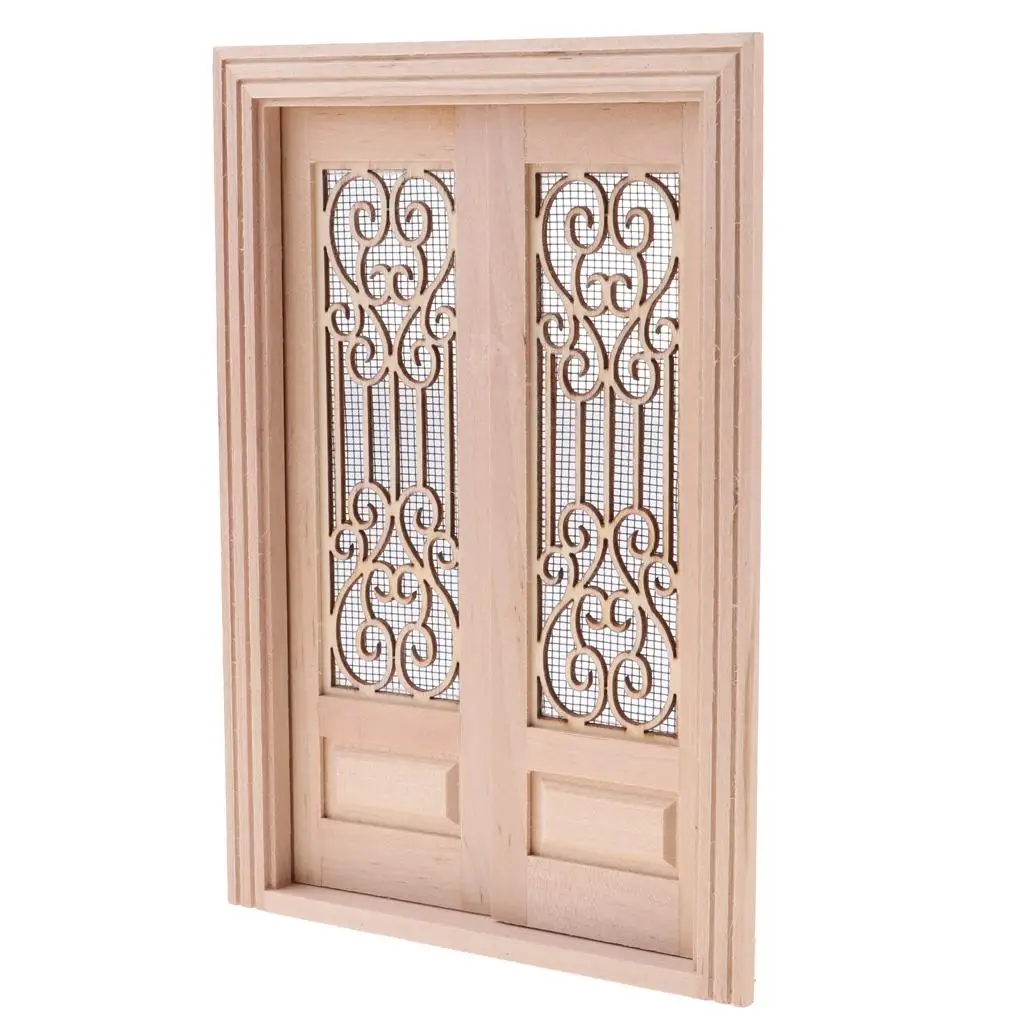 1/12 Dollhouse Miniature Wood External Hollow Screen Double Door Unpainted Furniture Toy for Dolls House Room Box Accessory