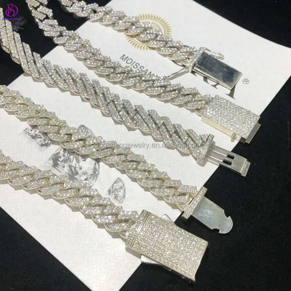 925 Sterling Silver 10mm 12mm 13mm Fashion Jewelry Necklaces Hip Hop 2 Row Iced Out Vvs Diamond Moissanite Cuban Link Chain