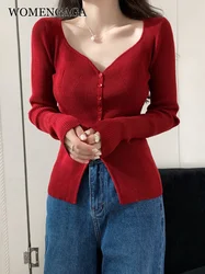 Sweet New Wine Red Single Breasted V-neck Sweater Cardigan Thick Sweater Fashion Korean Women Autumn Sweet 9CGQ